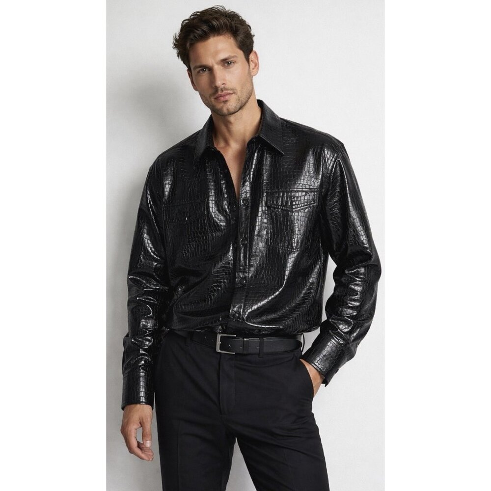 New ZARA Black Faux Exotic Leather Snap Shirt Overshirt Jacket Shacket